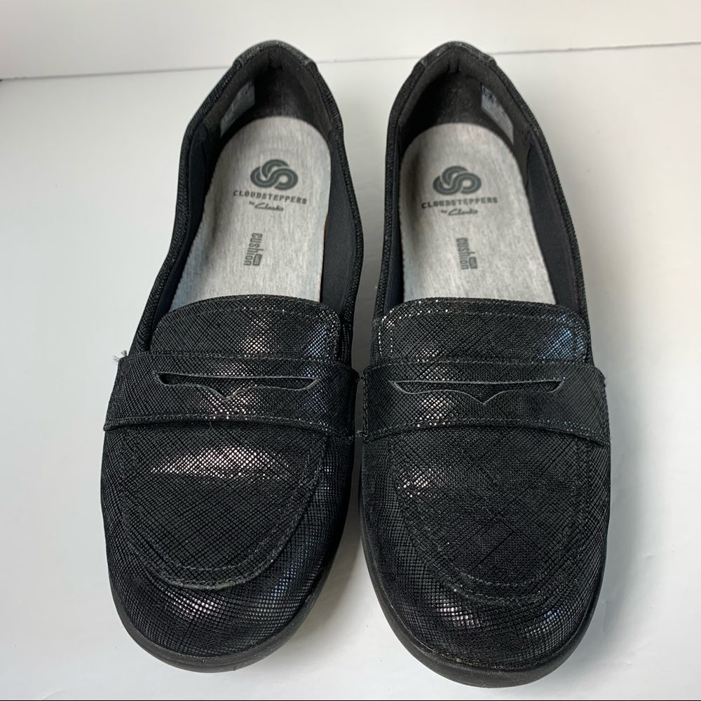 Cloudsteppers by Clarks Black Shimmer Penny Loafer Comfort shoes Women's 8